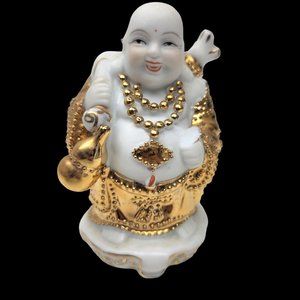 Vintage Porcelain Laughing Happy Buddha Porcelain Gold Gilt Statue Figurine 3.5"